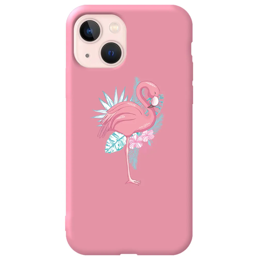 Apple iPhone 13 Mini Pembe Renkli Silikon Telefon Kılıfı - Alone Flamingo