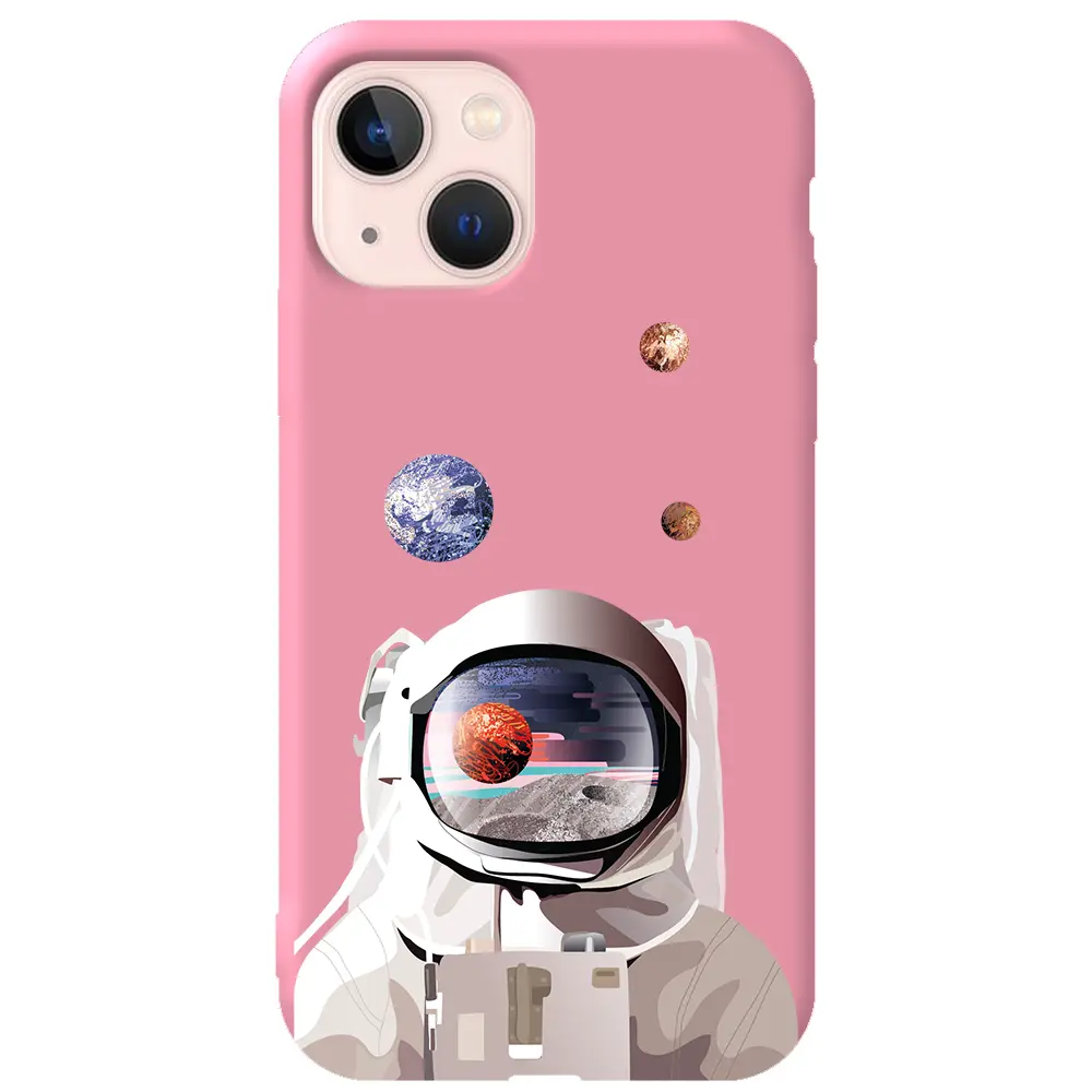 Apple iPhone 13 Mini Pembe Renkli Silikon Telefon Kılıfı - Astronotun Gözünden