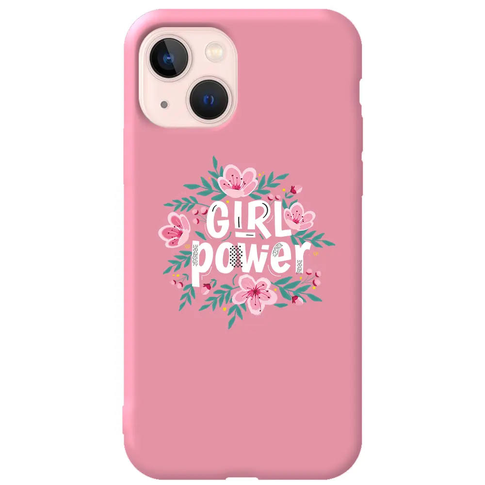 Apple iPhone 13 Mini Pembe Renkli Silikon Telefon Kılıfı - Çiçekli Girl Power