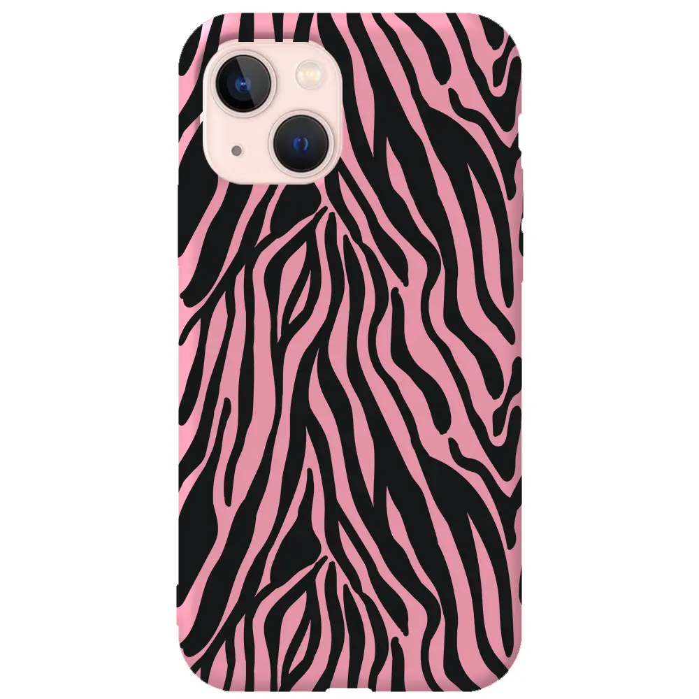 Apple iPhone 13 Mini Pembe Renkli Silikon Telefon Kılıfı - Siyah Zebra Desenleri