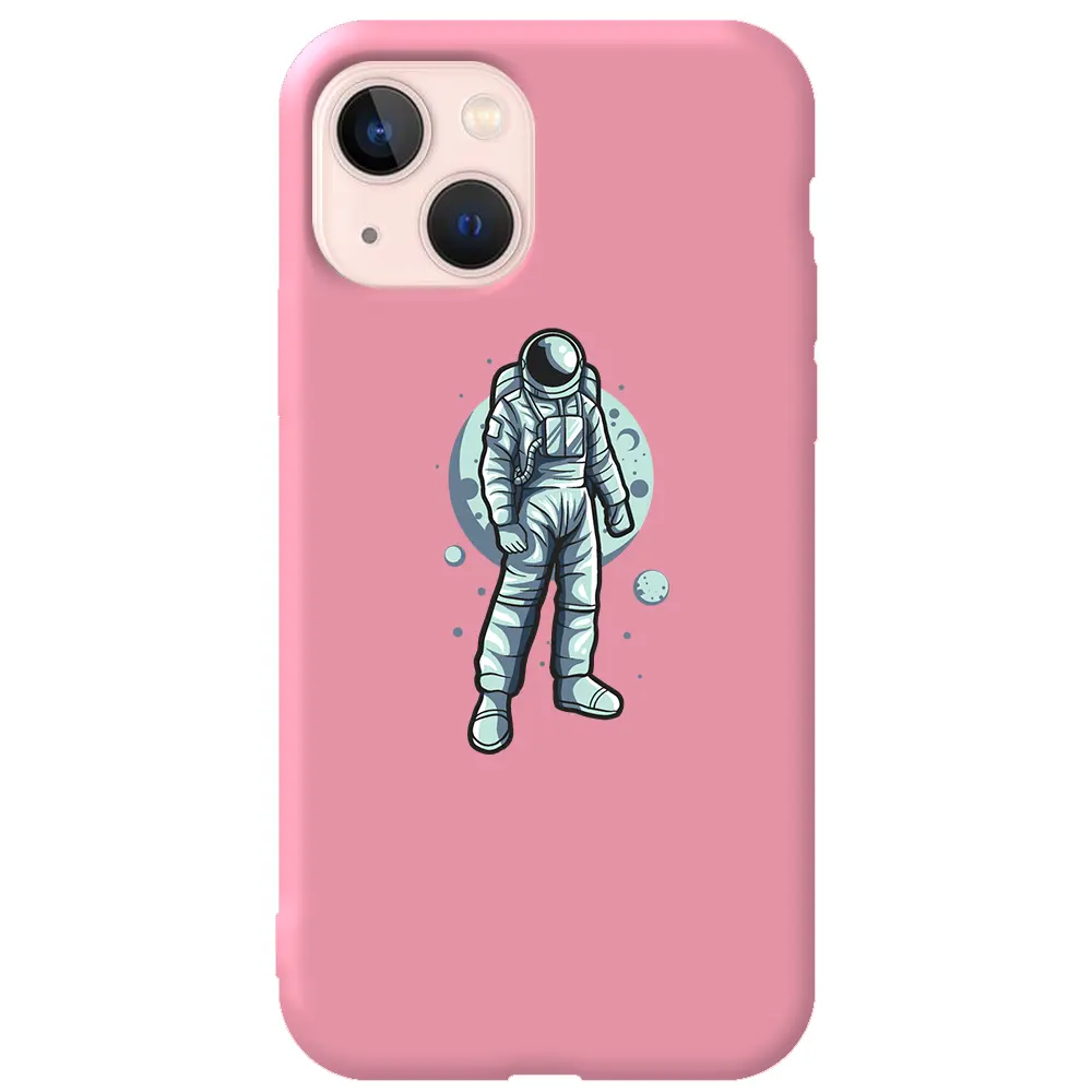 Apple iPhone 13 Pembe Renkli Silikon Telefon Kılıfı - Astronot
