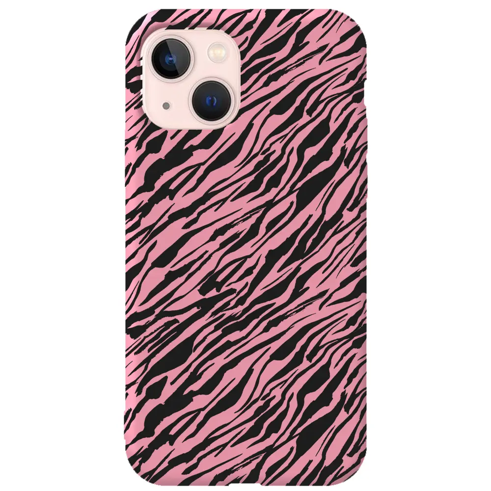 Apple iPhone 13 Pembe Renkli Silikon Telefon Kılıfı - Capraz Zebra Siyah