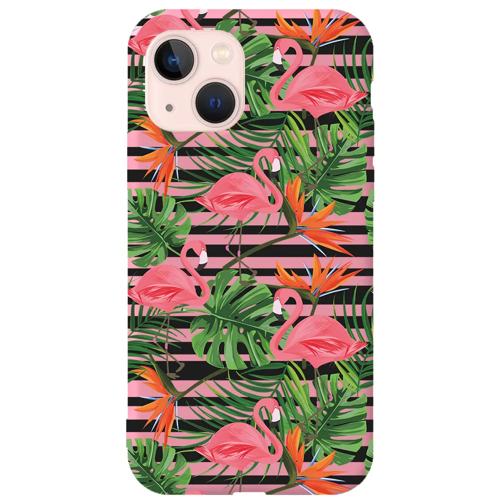 Apple iPhone 13 Pembe Renkli Silikon Telefon Kılıfı - Flamingo Palmiye