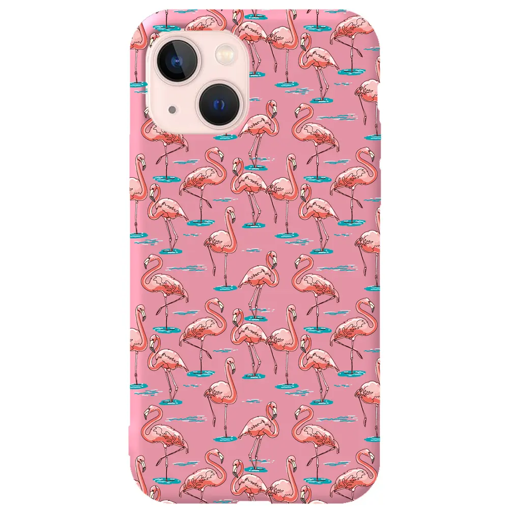 Apple iPhone 13 Pembe Renkli Silikon Telefon Kılıfı - Flamingolar