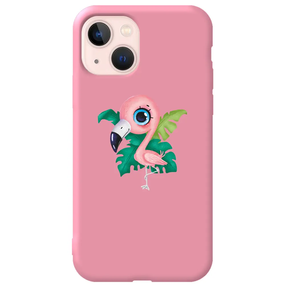 Apple iPhone 13 Pembe Renkli Silikon Telefon Kılıfı - Yavru Flamingo