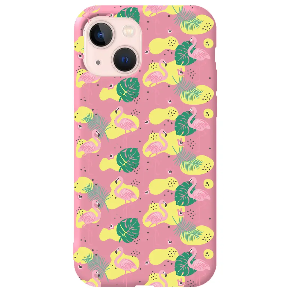 Apple iPhone 13 Pembe Renkli Silikon Telefon Kılıfı - Yaz Flamingolari 2