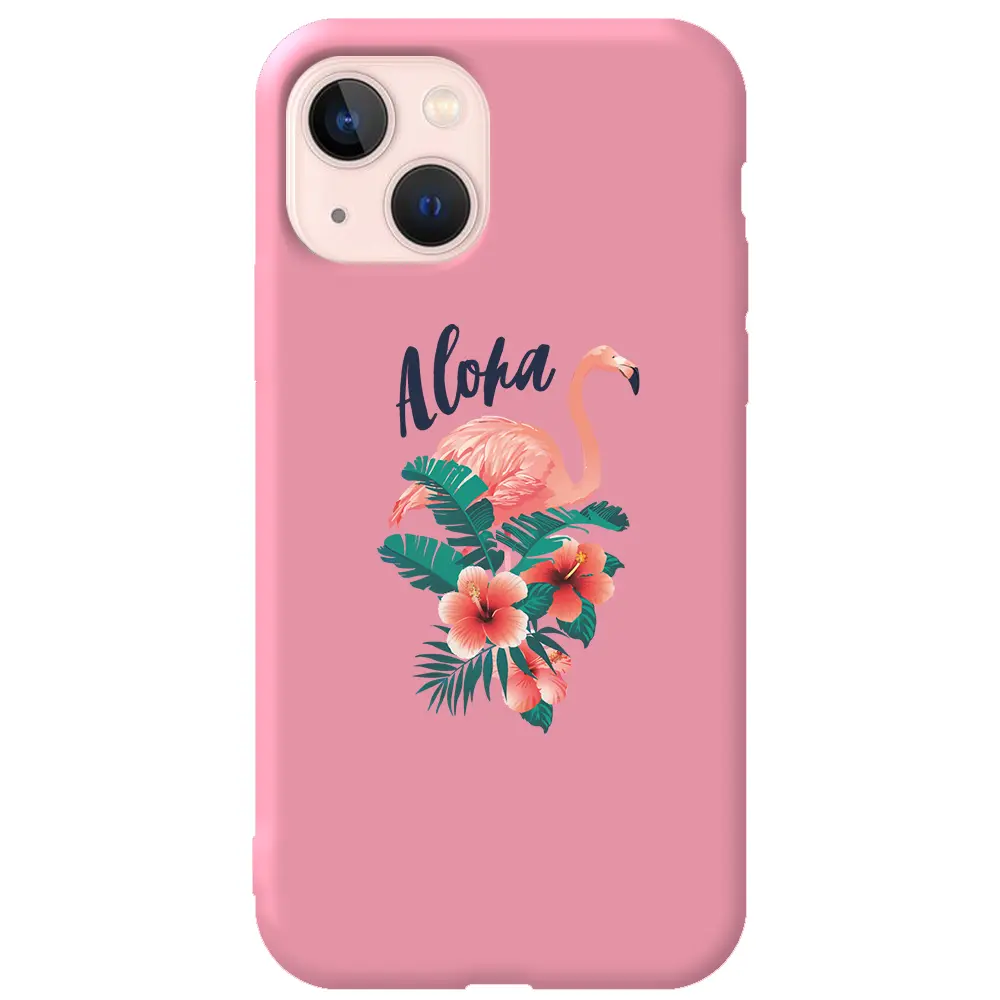 Apple iPhone 14 Pembe Renkli Silikon Telefon Kılıfı - Aloha Flamingo
