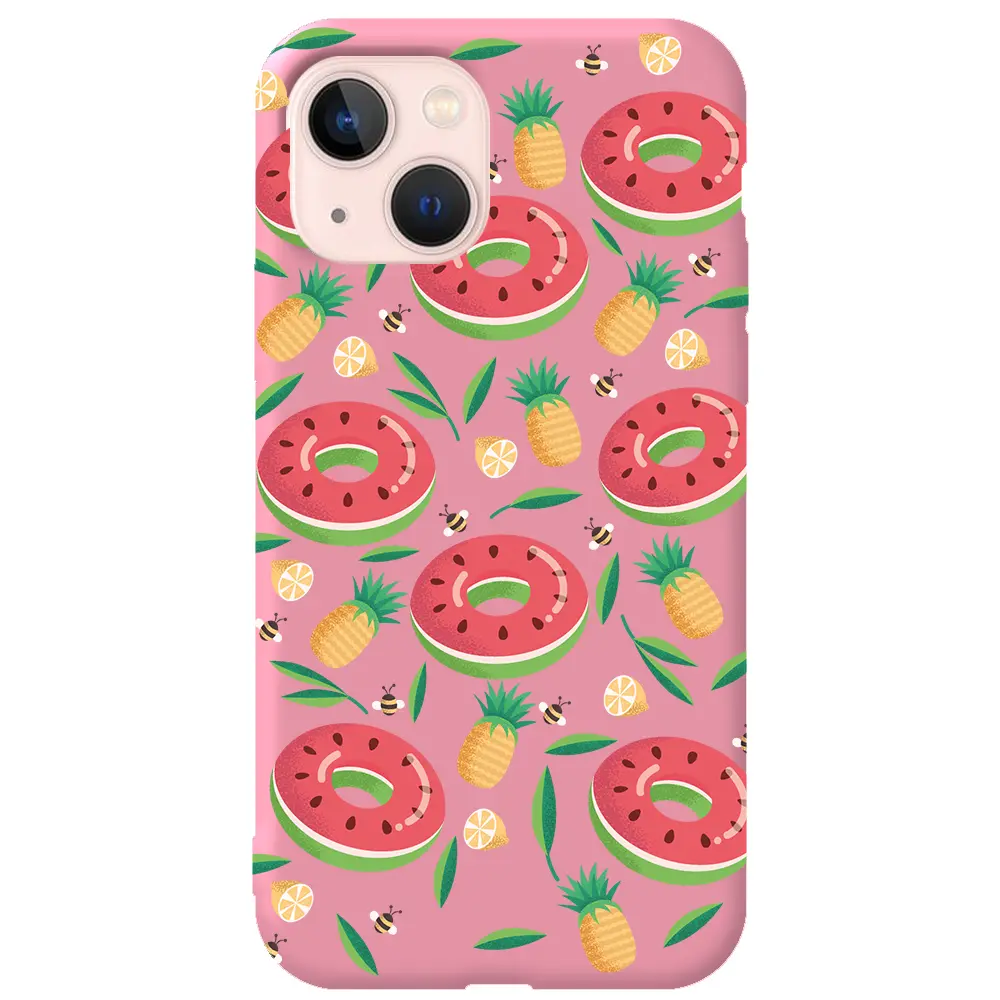 Apple iPhone 14 Pembe Renkli Silikon Telefon Kılıfı - Ananas Donut