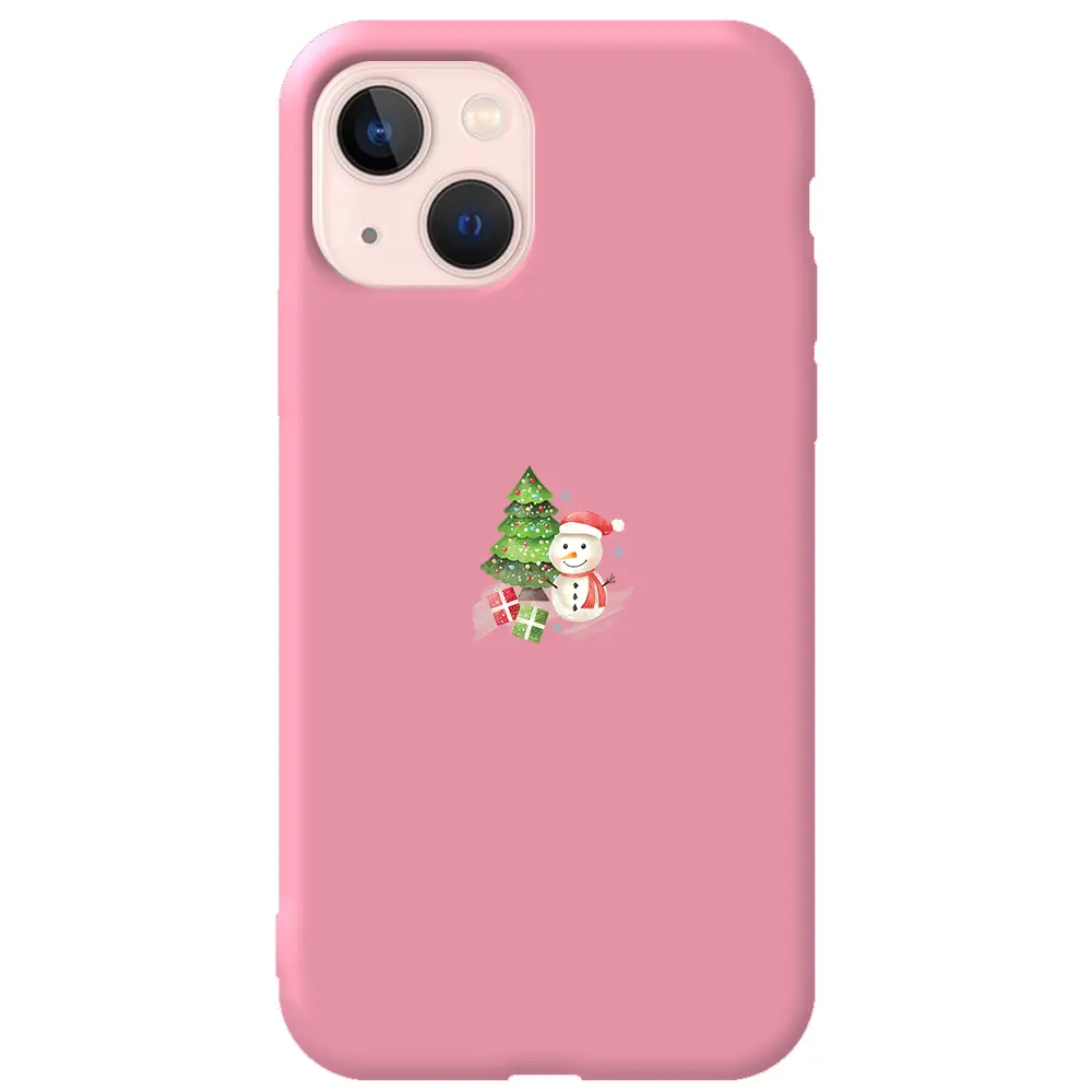 Apple iPhone 14 Pembe Renkli Silikon Telefon Kılıfı - Cute Snowman