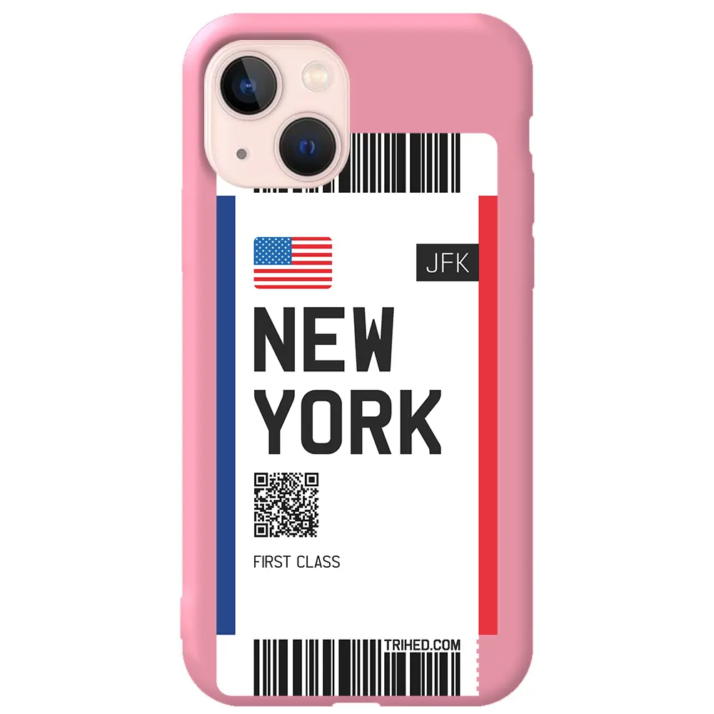 Apple iPhone 14 Pembe Renkli Silikon Telefon Kılıfı - New York Bileti