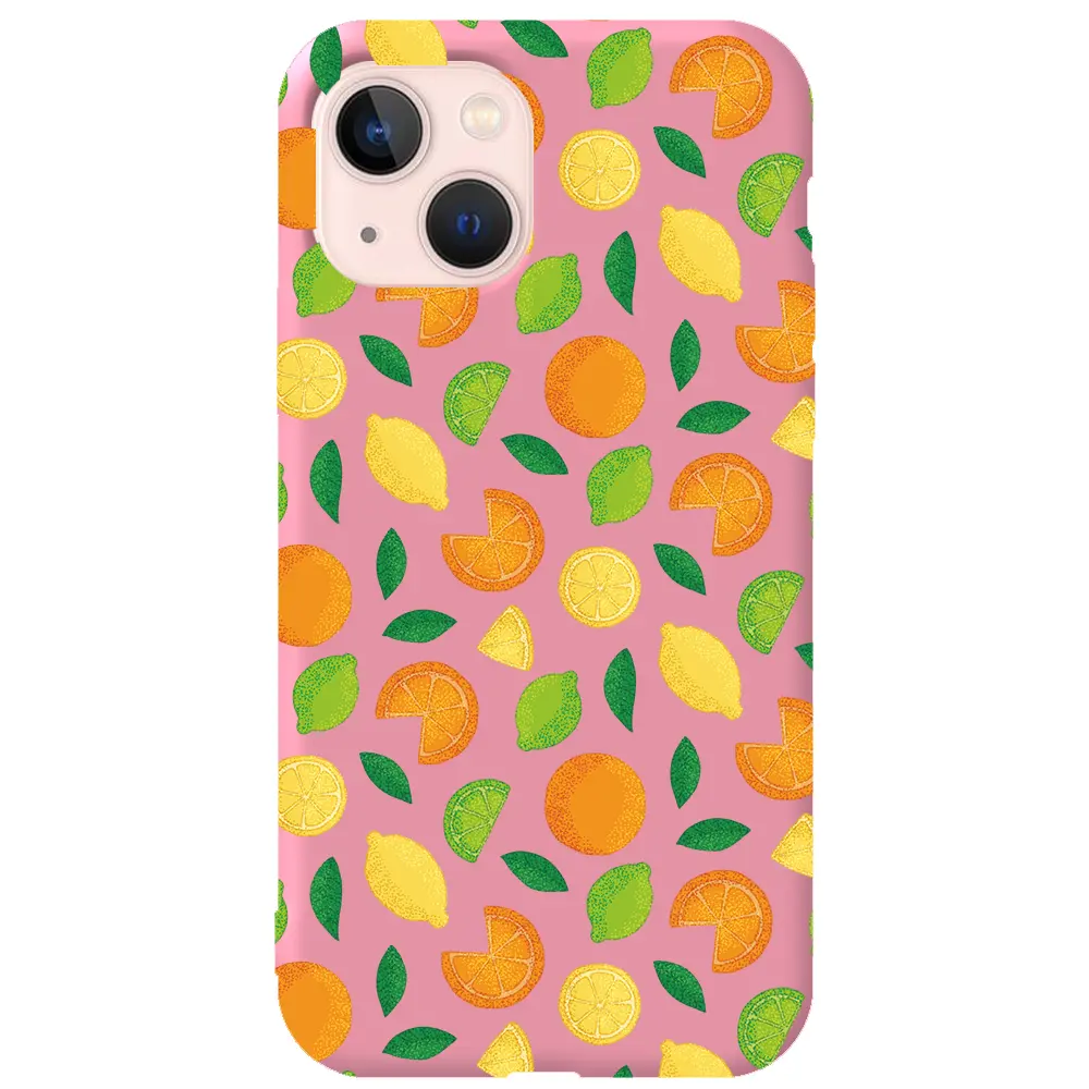 Apple iPhone 14 Pembe Renkli Silikon Telefon Kılıfı - Portakal Limon