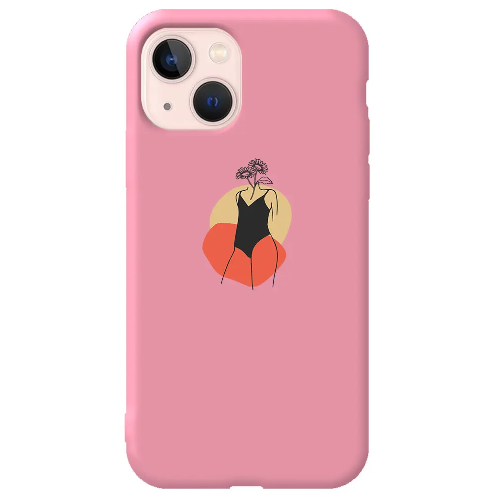 Apple iPhone 14 Plus Pembe Renkli Silikon Telefon Kılıfı - Flower Girl Standing