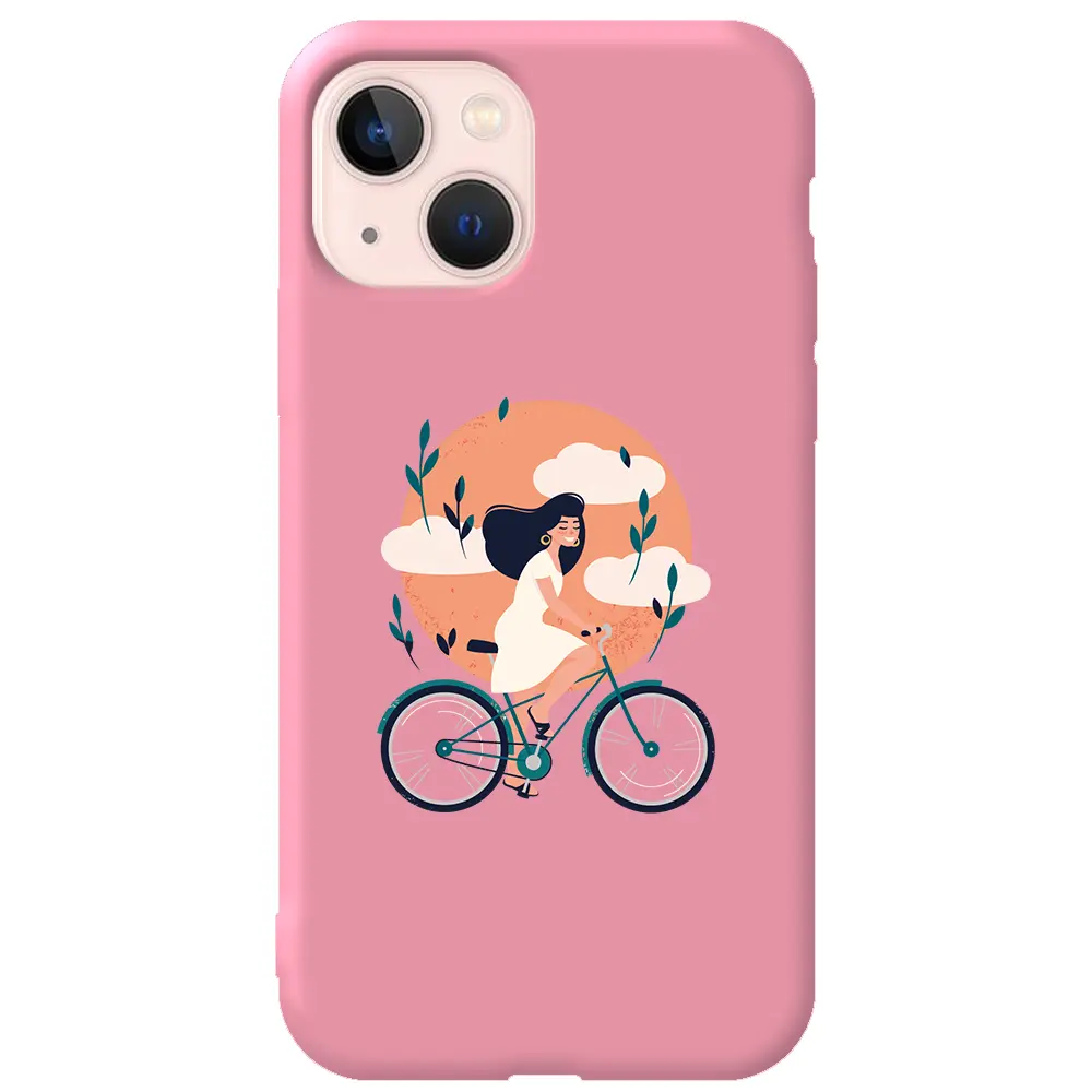 Apple iPhone 14 Plus Pembe Renkli Silikon Telefon Kılıfı - Flying On The Bike