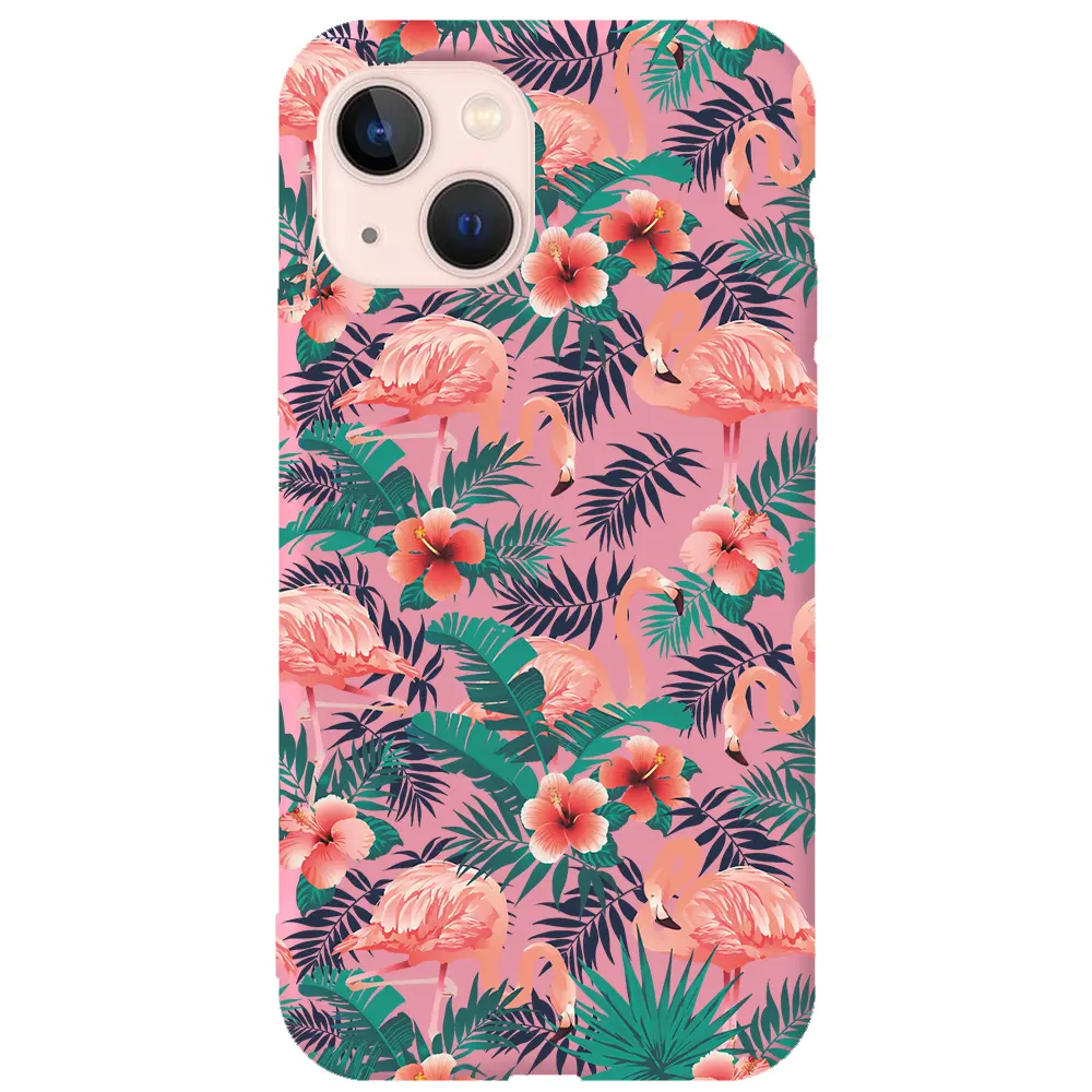 Apple iPhone 14 Plus Pembe Renkli Silikon Telefon Kılıfı - Leaf Flamingo