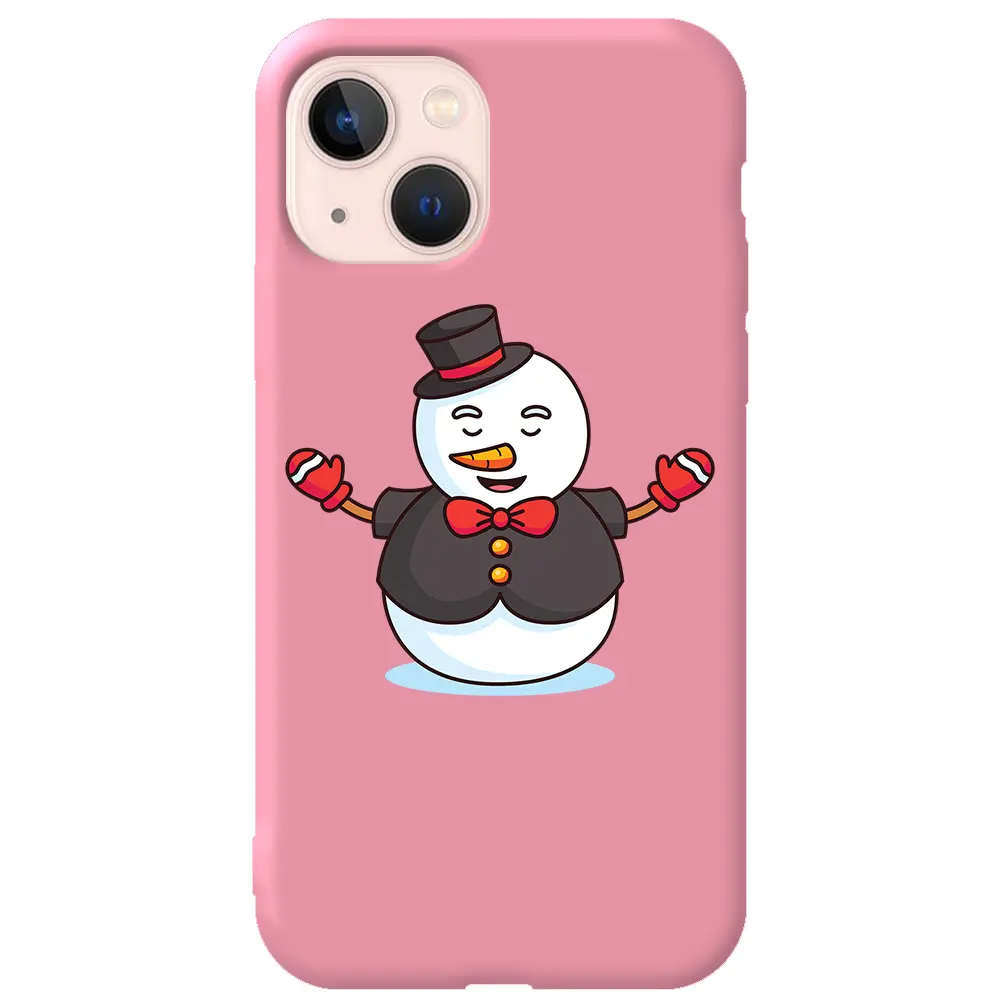 Apple iPhone 14 Plus Pembe Renkli Silikon Telefon Kılıfı - Snowman in Suit