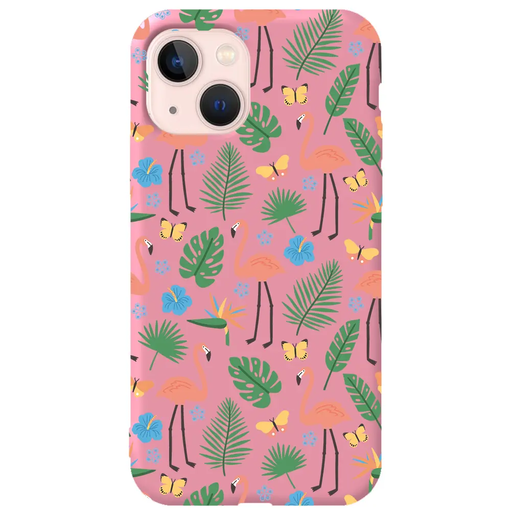 Apple iPhone 14 Plus Pembe Renkli Silikon Telefon Kılıfı - Tropik Flamingo