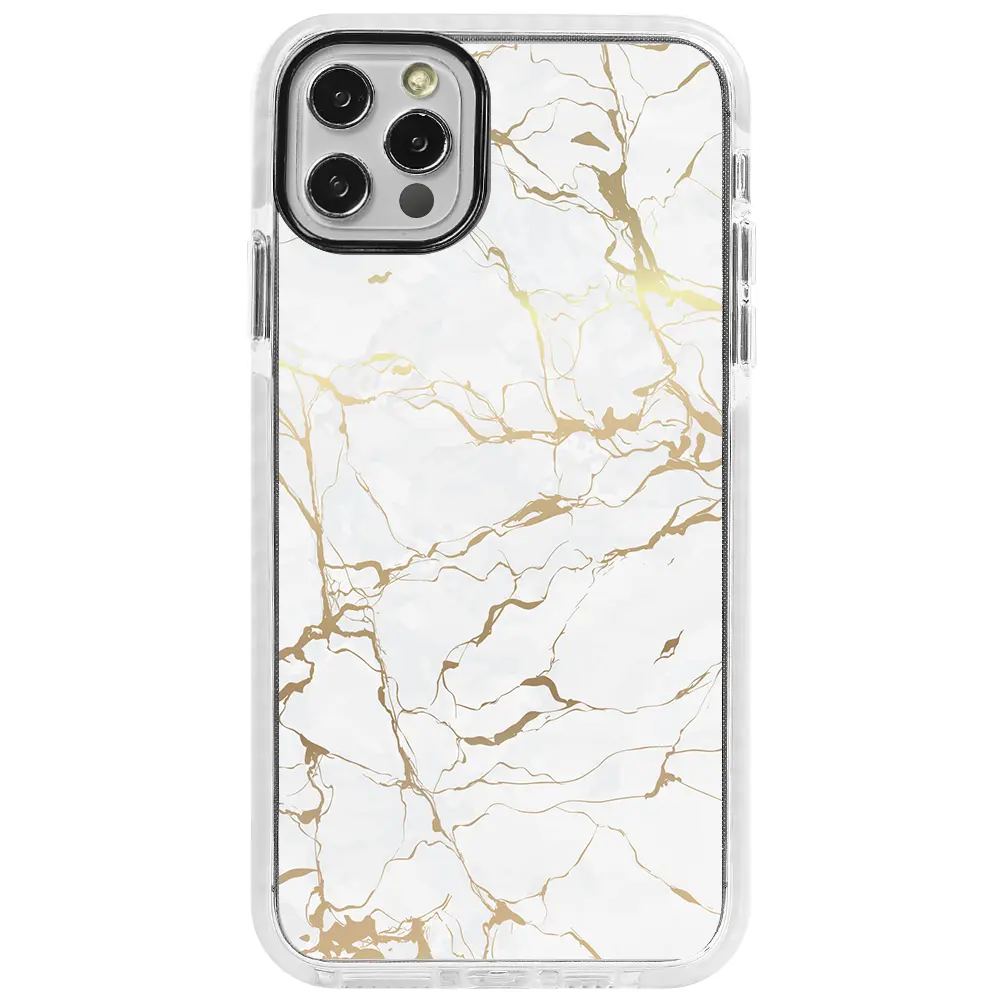 Apple iPhone 14 Pro Beyaz Impact Premium Telefon Kılıfı - Gold Mermer