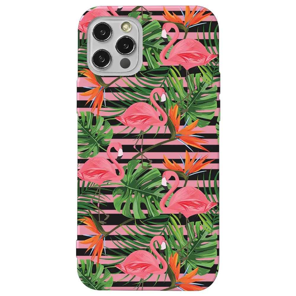 Apple iPhone 14 Pro Pembe Renkli Silikon Telefon Kılıfı - Flamingo Palmiye