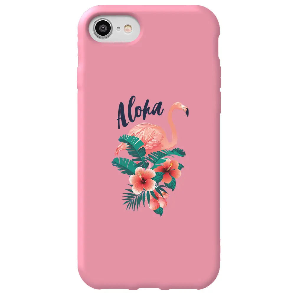 Apple iPhone 7 Pembe Renkli Silikon Telefon Kılıfı - Aloha Flamingo