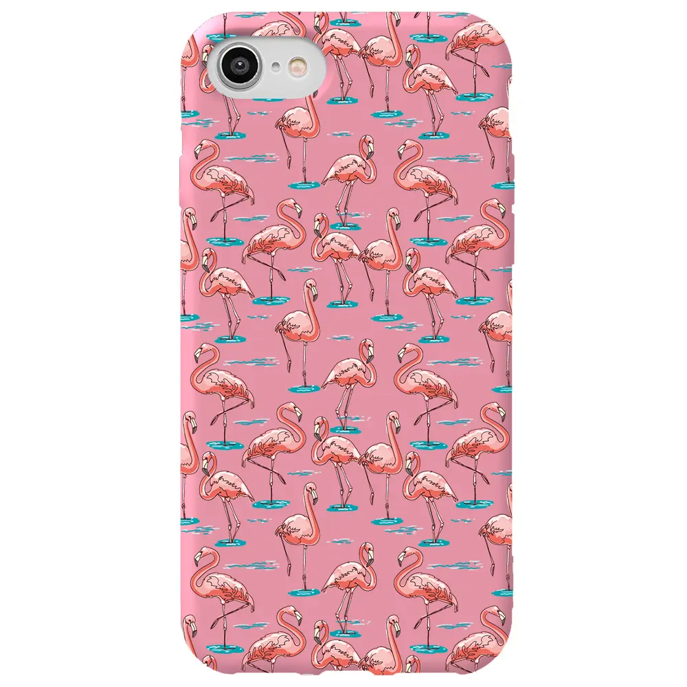Apple iPhone 7 Pembe Renkli Silikon Telefon Kılıfı - Flamingolar
