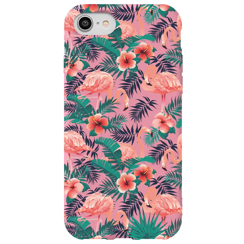 Apple iPhone 7 Pembe Renkli Silikon Telefon Kılıfı - Leaf Flamingo