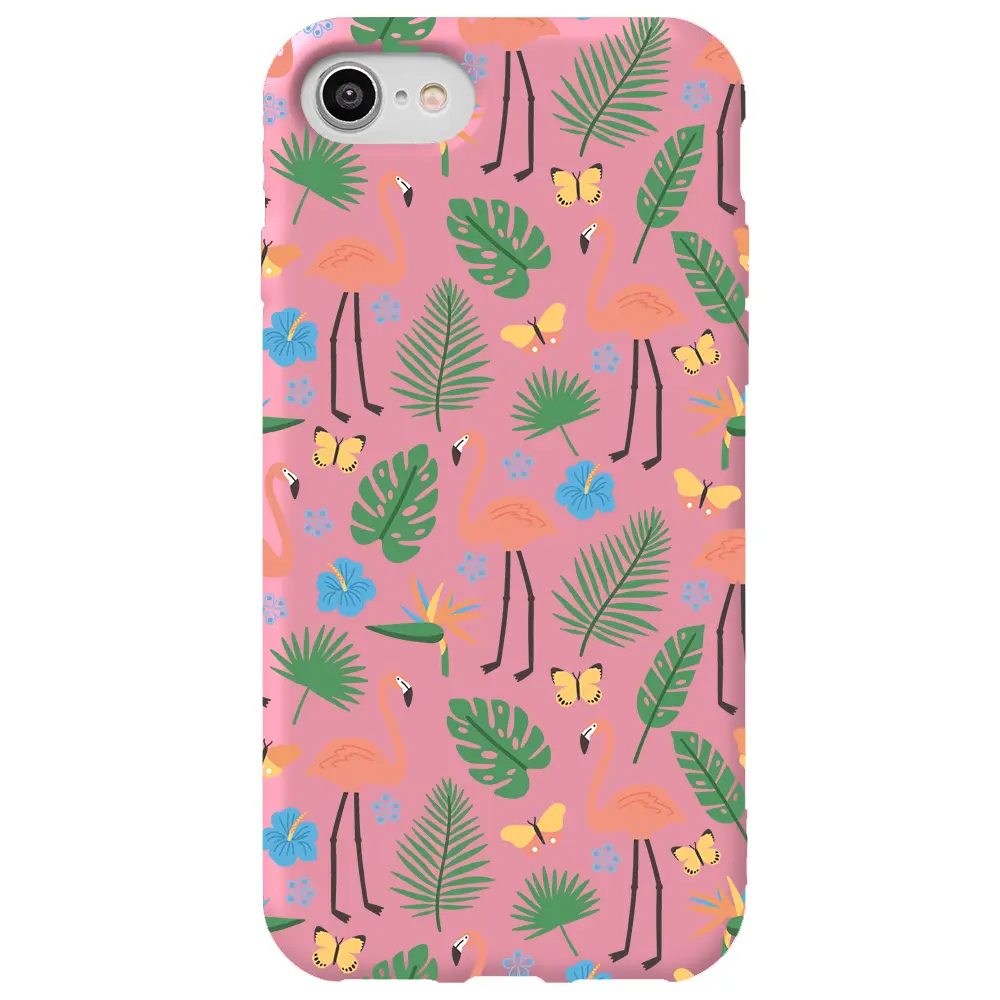 Apple iPhone 7 Pembe Renkli Silikon Telefon Kılıfı - Tropik Flamingo