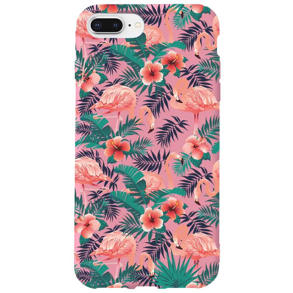 Apple iPhone 7 Plus Pembe Renkli Silikon Telefon Kılıfı - Leaf Flamingo