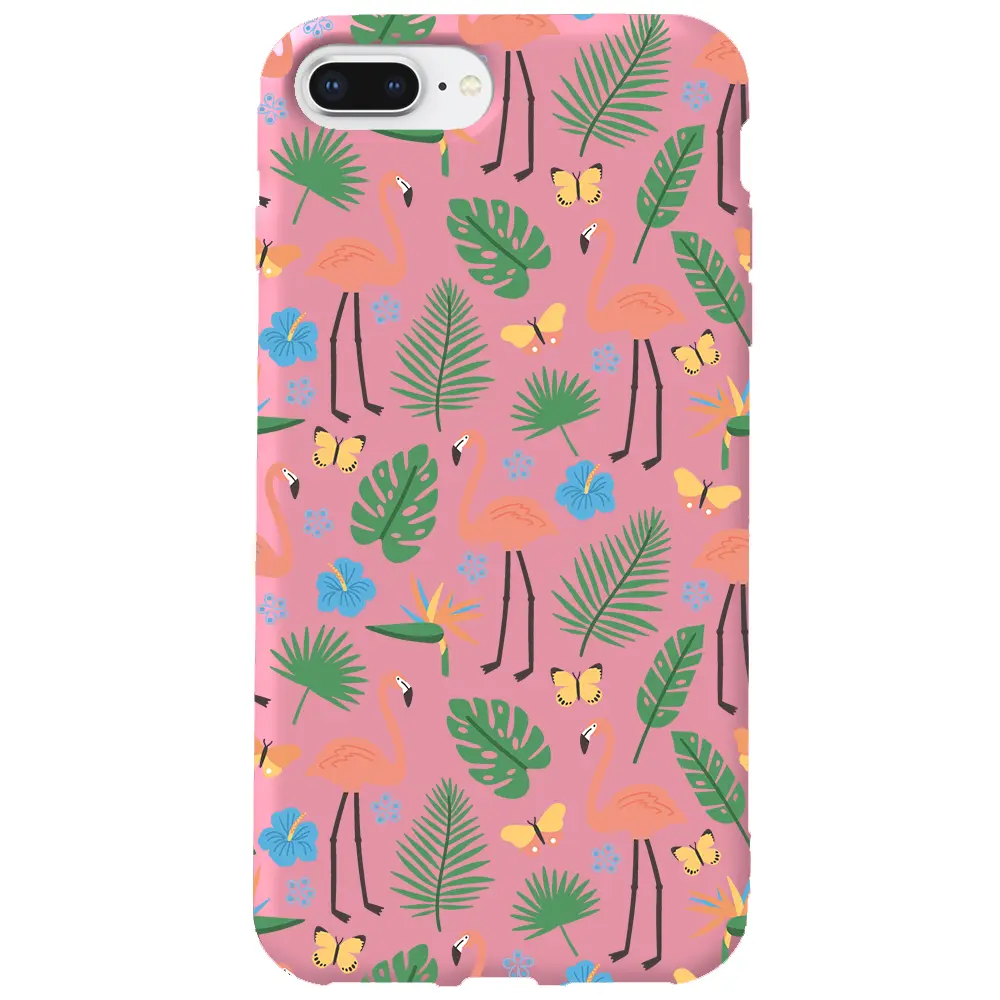 Apple iPhone 7 Plus Pembe Renkli Silikon Telefon Kılıfı - Tropik Flamingo