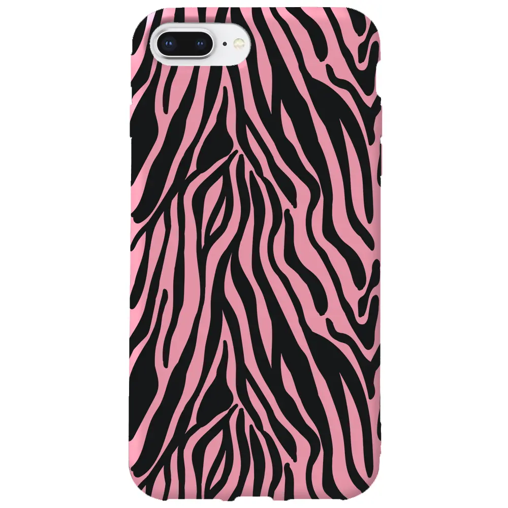 Apple iPhone 8 Plus Pembe Renkli Silikon Telefon Kılıfı - Siyah Zebra Desenleri