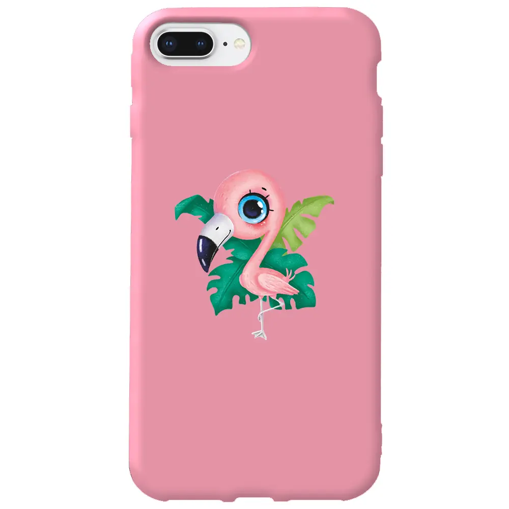 Apple iPhone 8 Plus Pembe Renkli Silikon Telefon Kılıfı - Yavru Flamingo