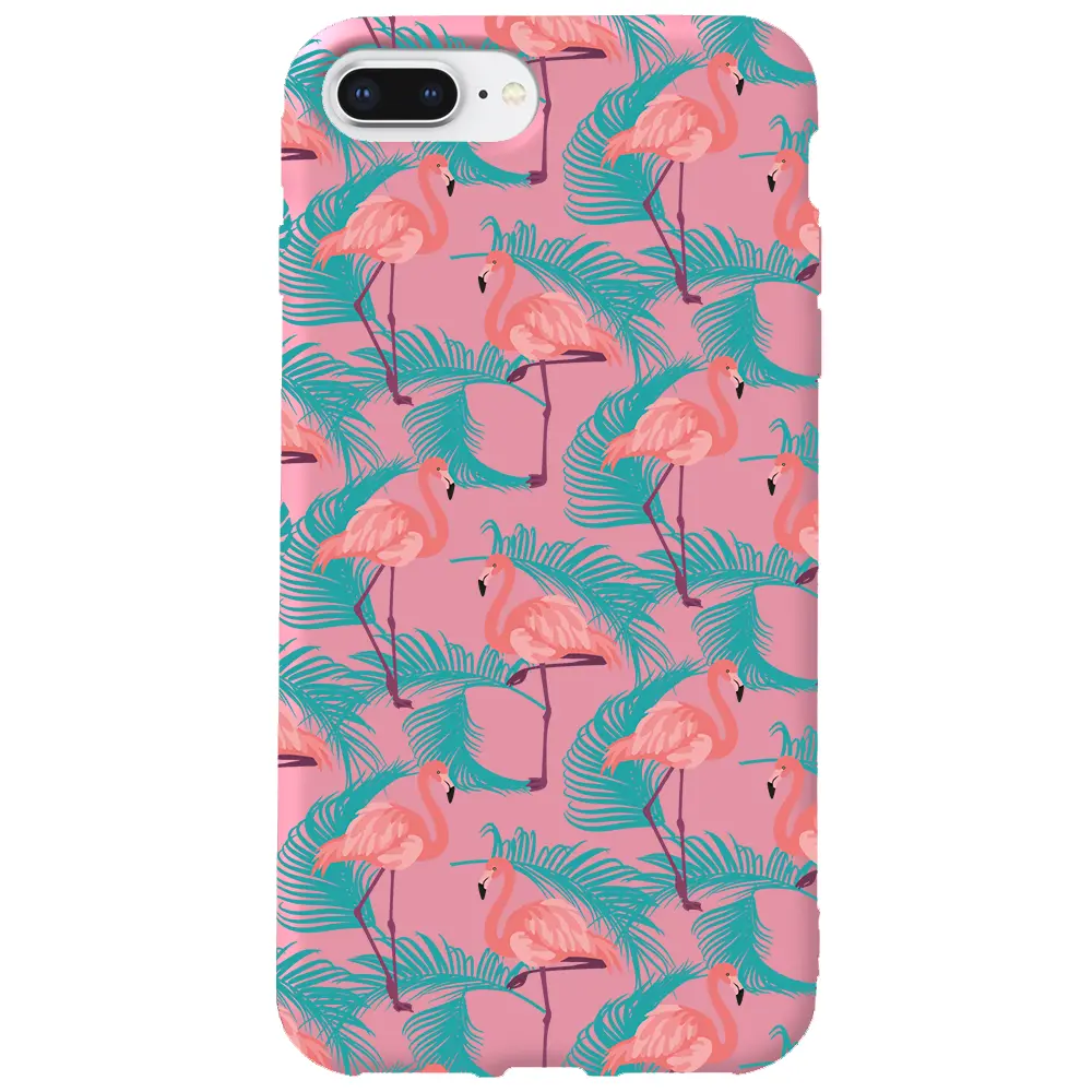 Apple iPhone 8 Plus Pembe Renkli Silikon Telefon Kılıfı - Yaz Flamingolari