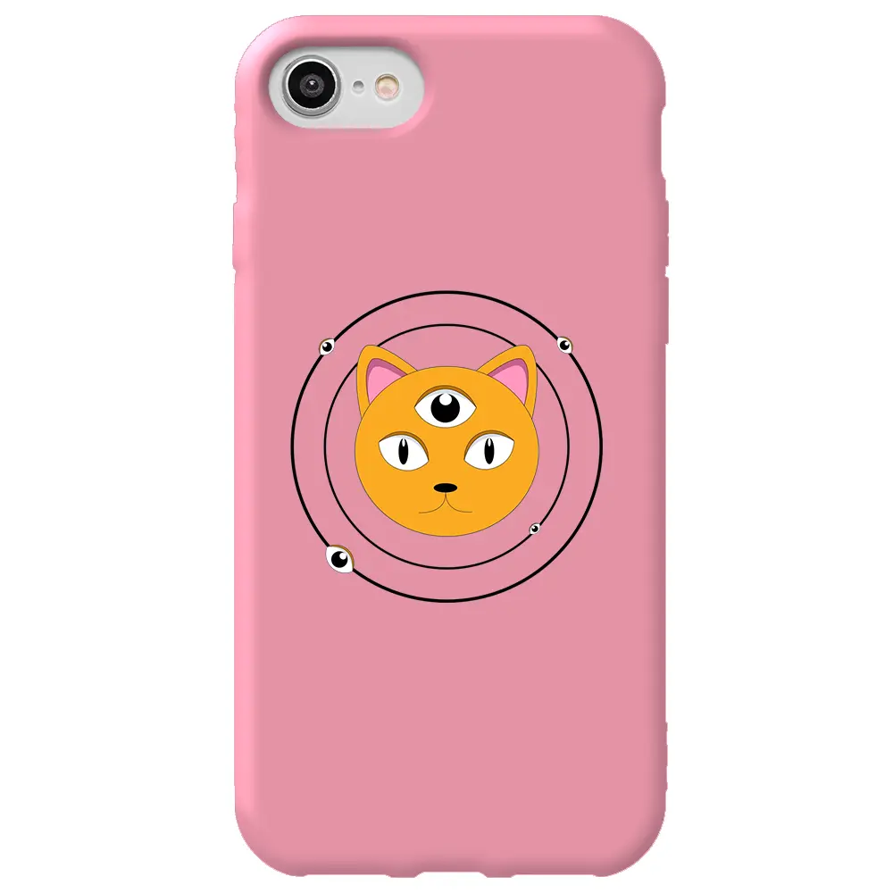 Apple iPhone SE 2020 Pembe Renkli Silikon Telefon Kılıfı - Üç Gözlü Kedi