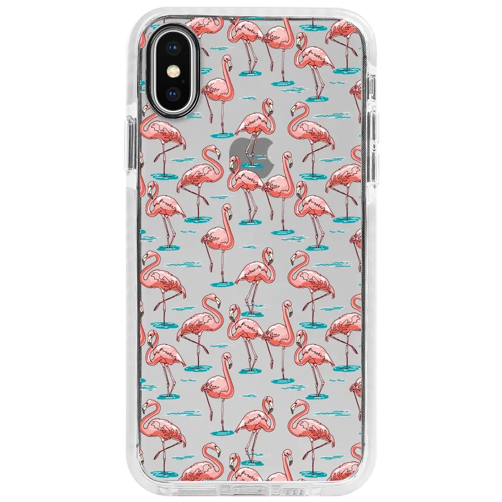 Apple iPhone X Beyaz Impact Premium Telefon Kılıfı - Flamingolar