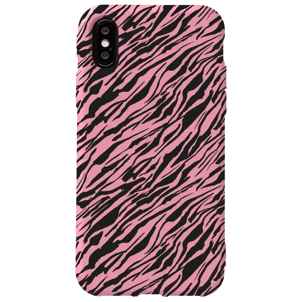 Apple iPhone X Pembe Renkli Silikon Telefon Kılıfı - Capraz Zebra Siyah
