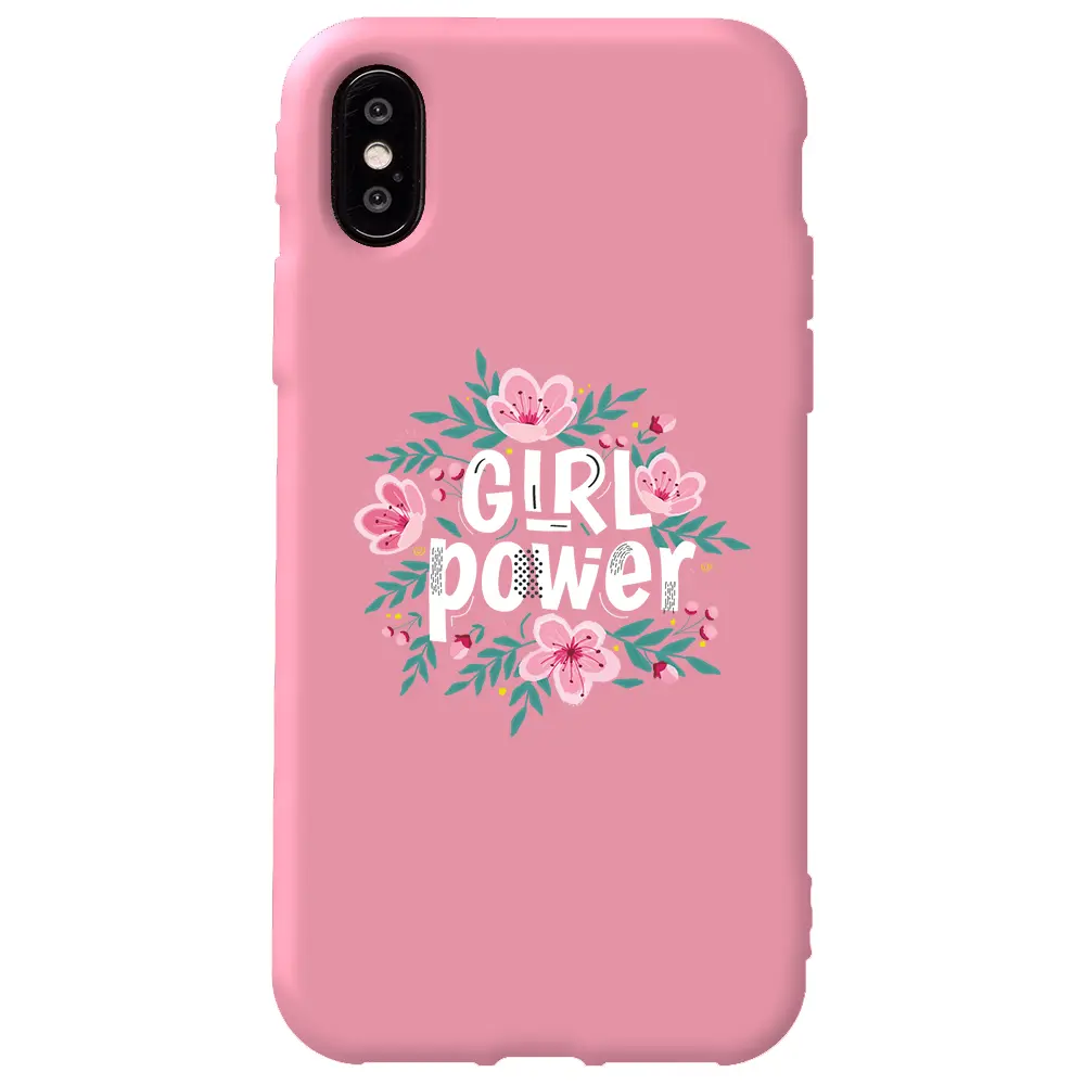 Apple iPhone X Pembe Renkli Silikon Telefon Kılıfı - Çiçekli Girl Power