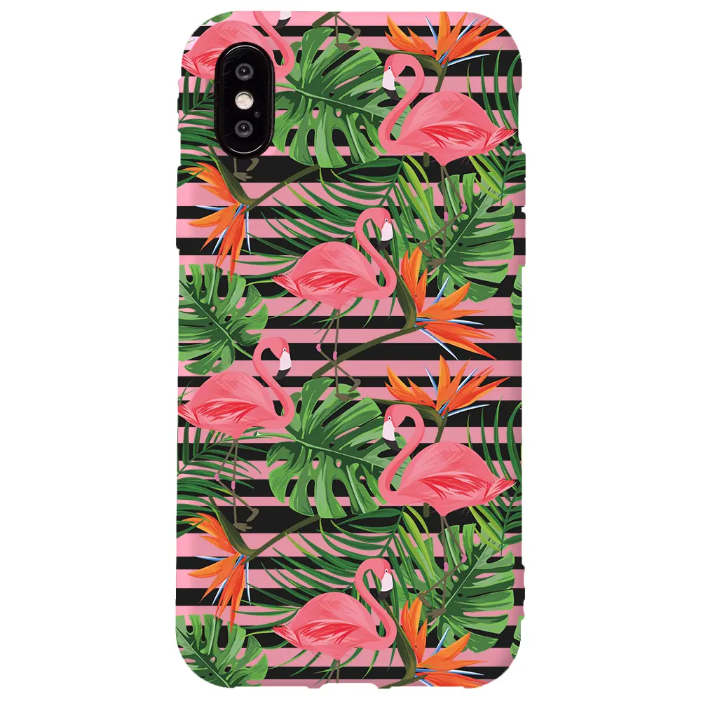 Apple iPhone X Pembe Renkli Silikon Telefon Kılıfı - Flamingo Palmiye