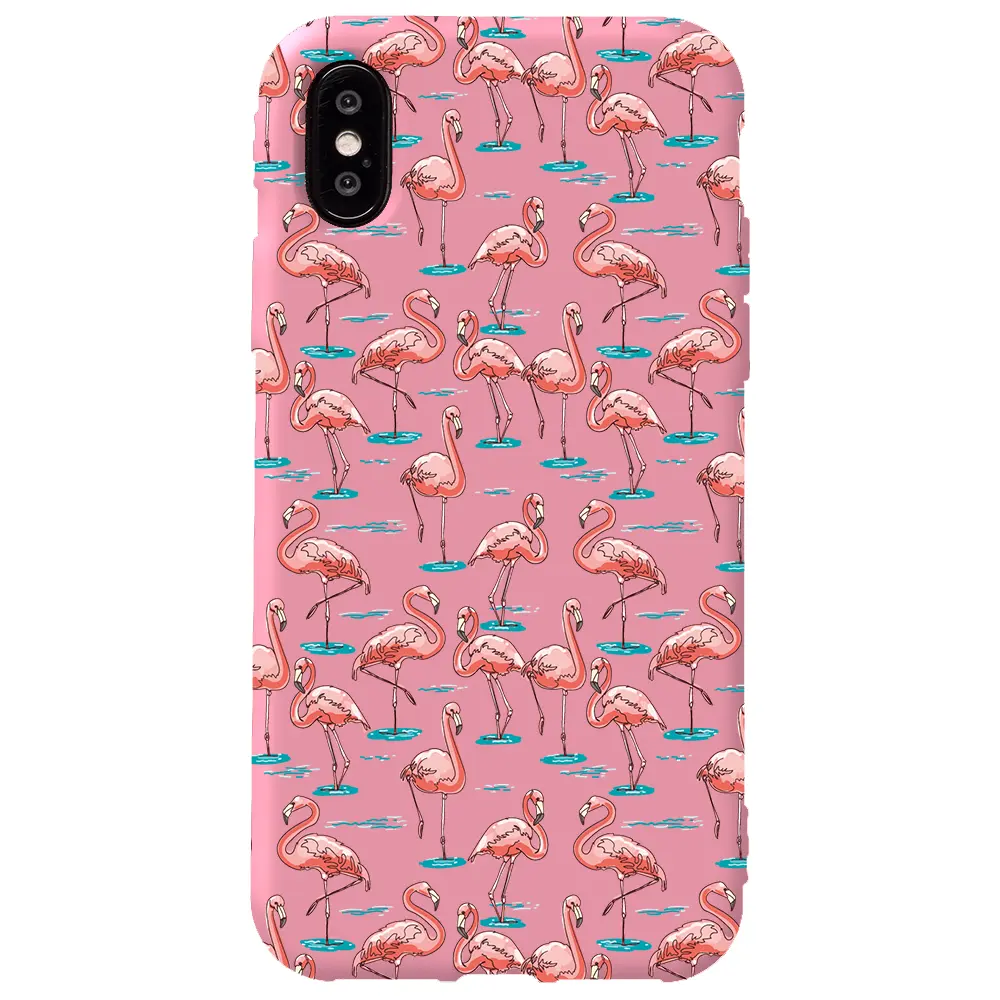 Apple iPhone X Pembe Renkli Silikon Telefon Kılıfı - Flamingolar