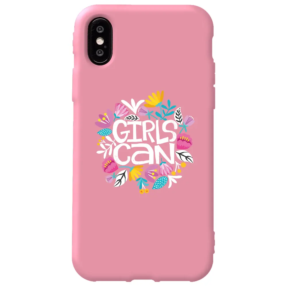 Apple iPhone X Pembe Renkli Silikon Telefon Kılıfı - Girls Can