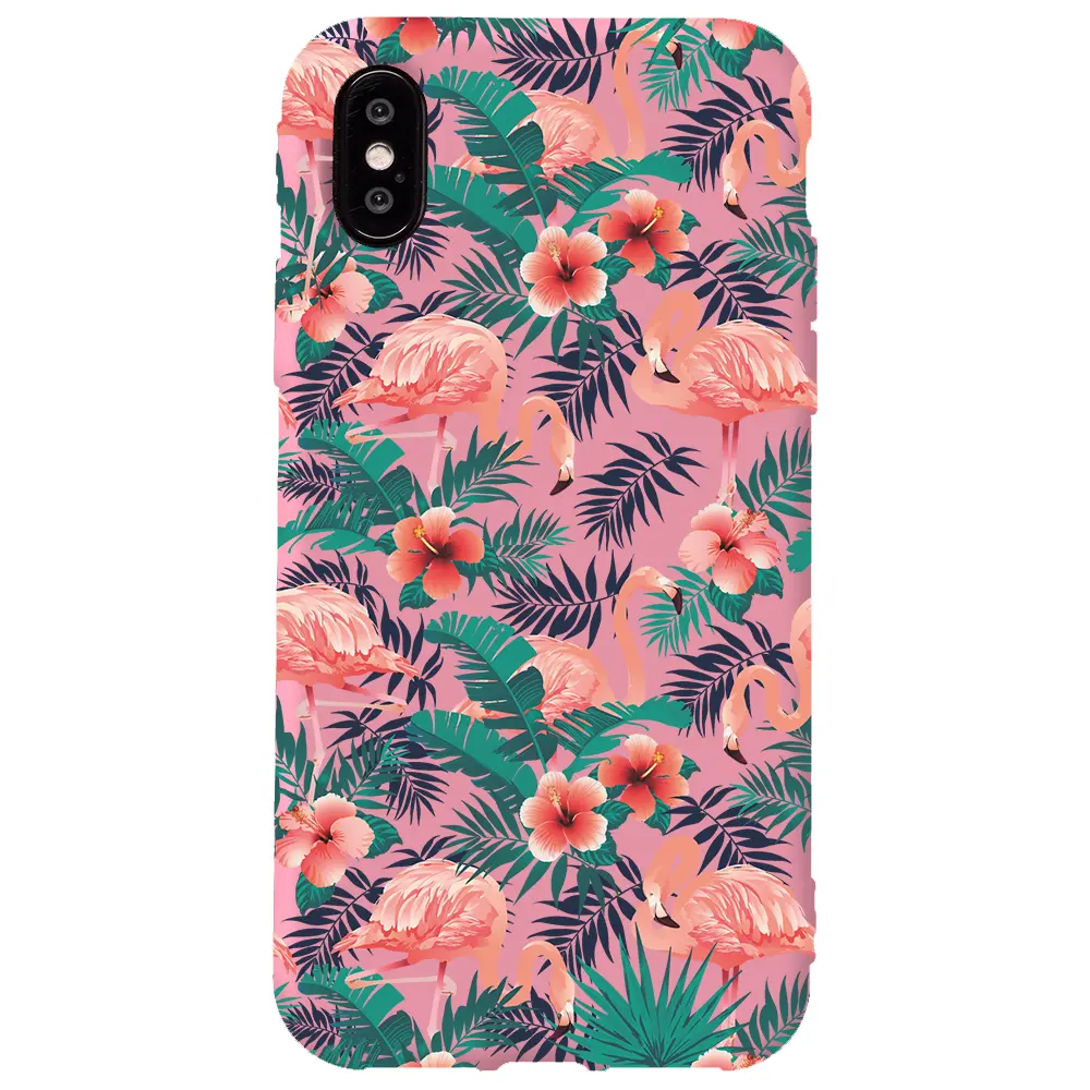 Apple iPhone X Pembe Renkli Silikon Telefon Kılıfı - Leaf Flamingo