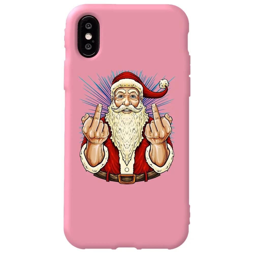 Apple iPhone X Pembe Renkli Silikon Telefon Kılıfı - Naughty Santa