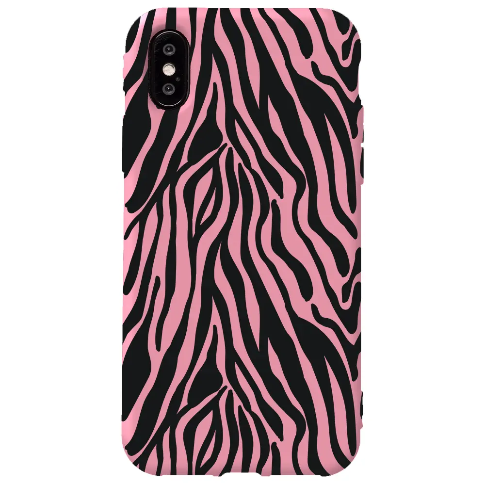 Apple iPhone X Pembe Renkli Silikon Telefon Kılıfı - Siyah Zebra Desenleri