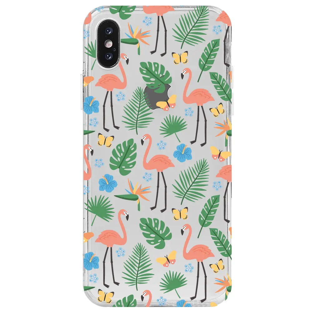 Apple iPhone X Şeffaf Telefon Kılıfı - Tropik Flamingo