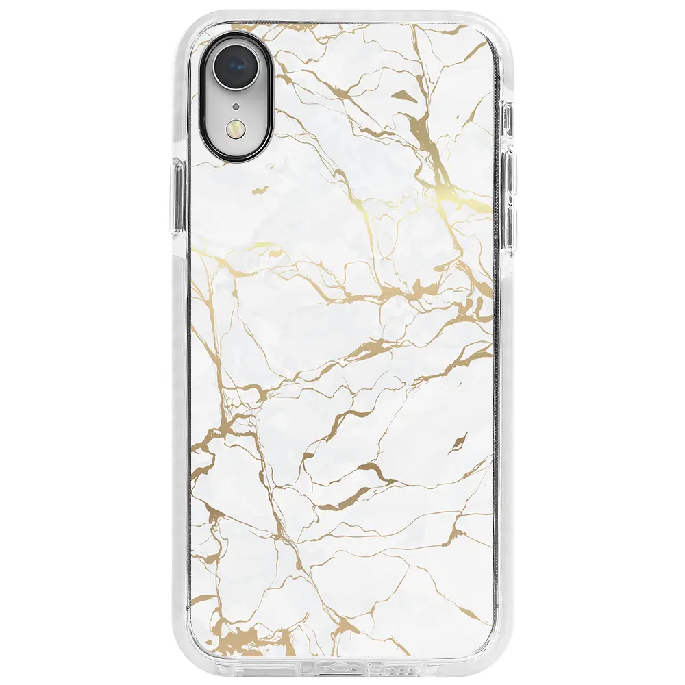 Apple iPhone XR Beyaz Impact Premium Telefon Kılıfı - Gold Mermer