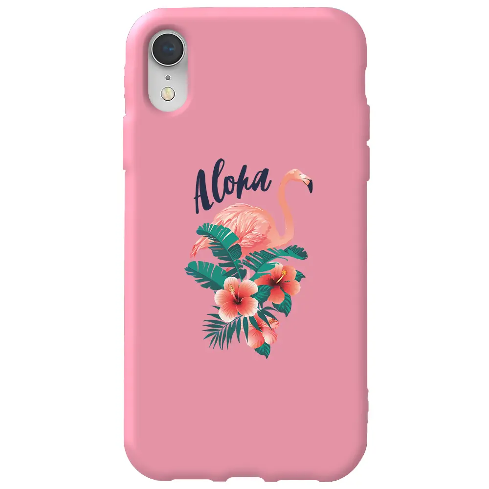 Apple iPhone XR Pembe Renkli Silikon Telefon Kılıfı - Aloha Flamingo