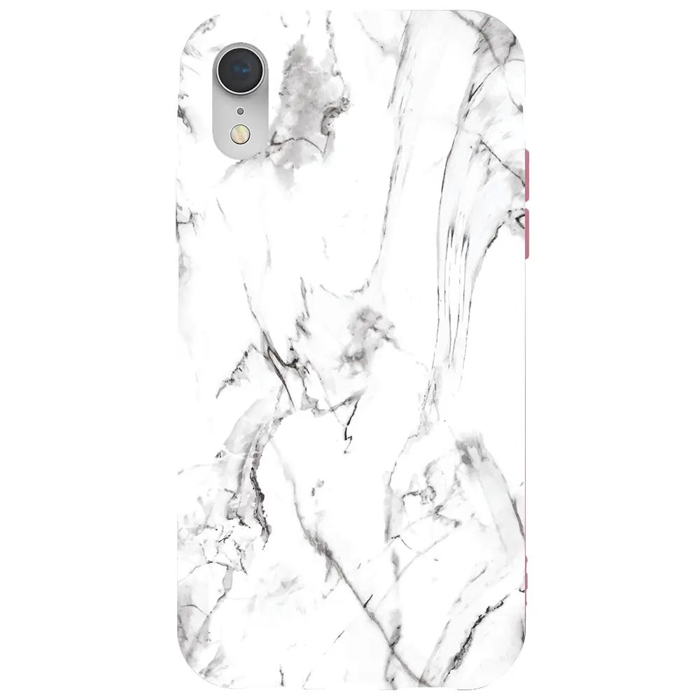 Apple iPhone XR Pembe Renkli Silikon Telefon Kılıfı - Beyaz Mermer 1