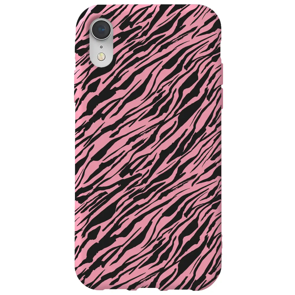 Apple iPhone XR Pembe Renkli Silikon Telefon Kılıfı - Capraz Zebra Siyah