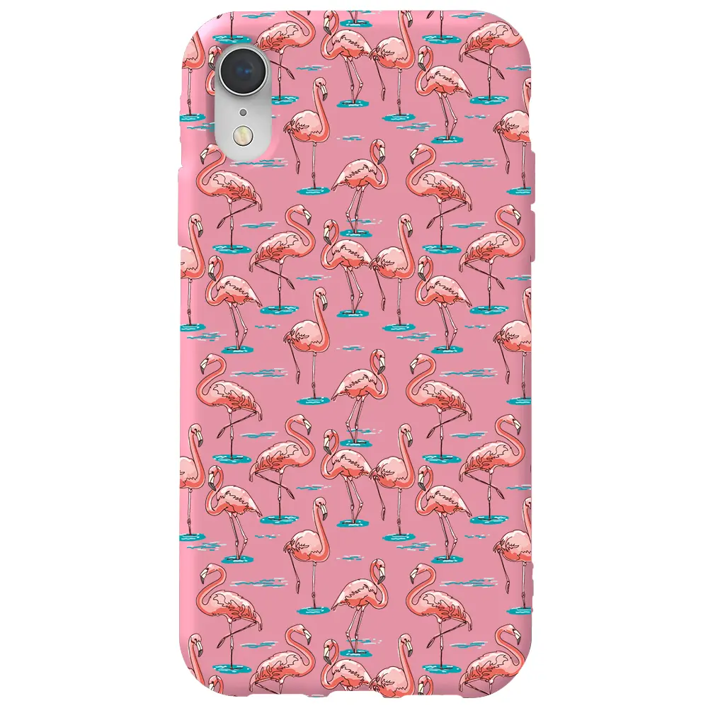 Apple iPhone XR Pembe Renkli Silikon Telefon Kılıfı - Flamingolar