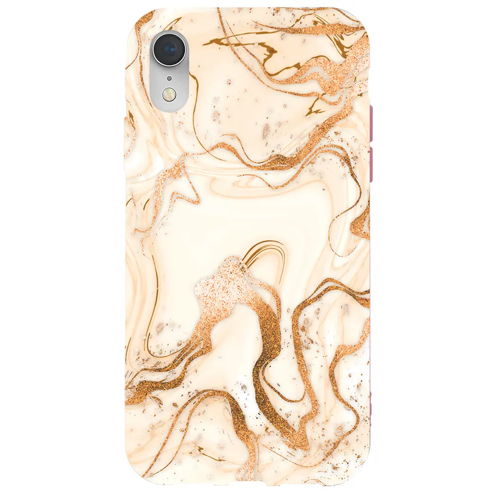 Apple iPhone XR Pembe Renkli Silikon Telefon Kılıfı - Gold Marble