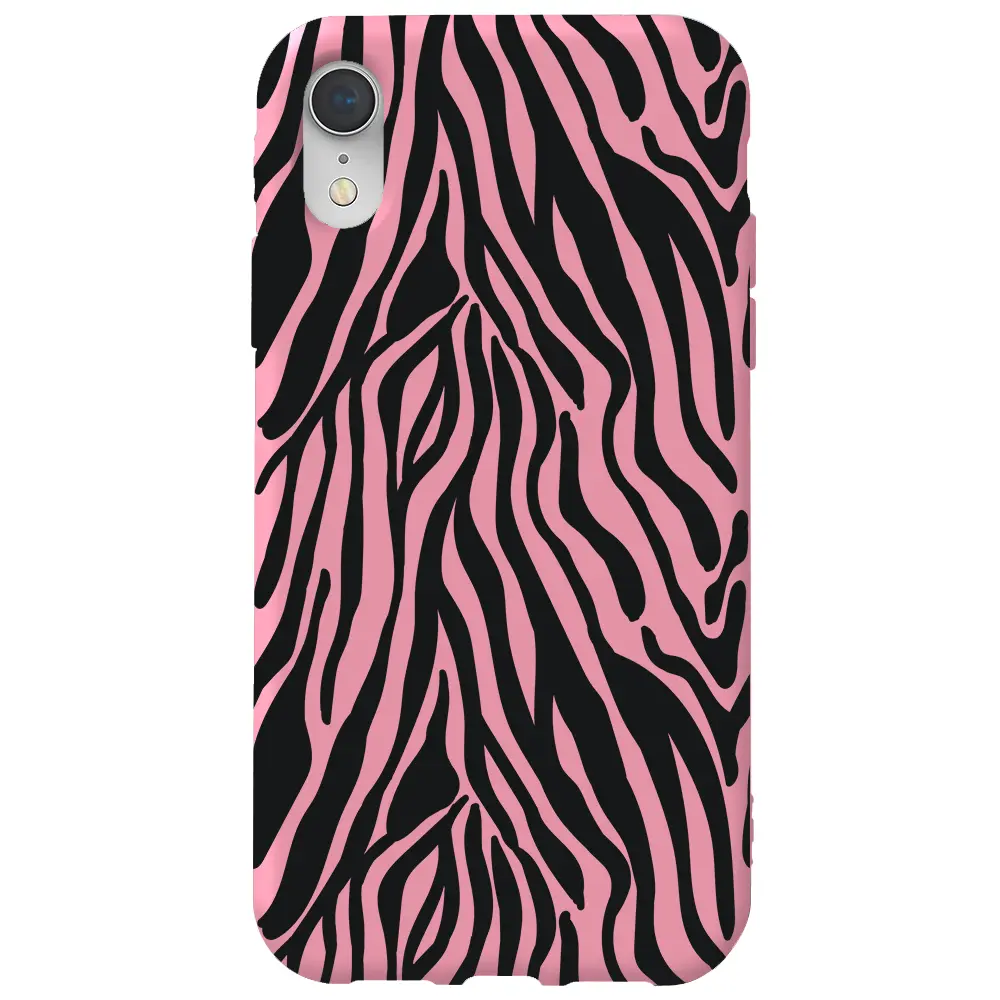 Apple iPhone XR Pembe Renkli Silikon Telefon Kılıfı - Siyah Zebra Desenleri