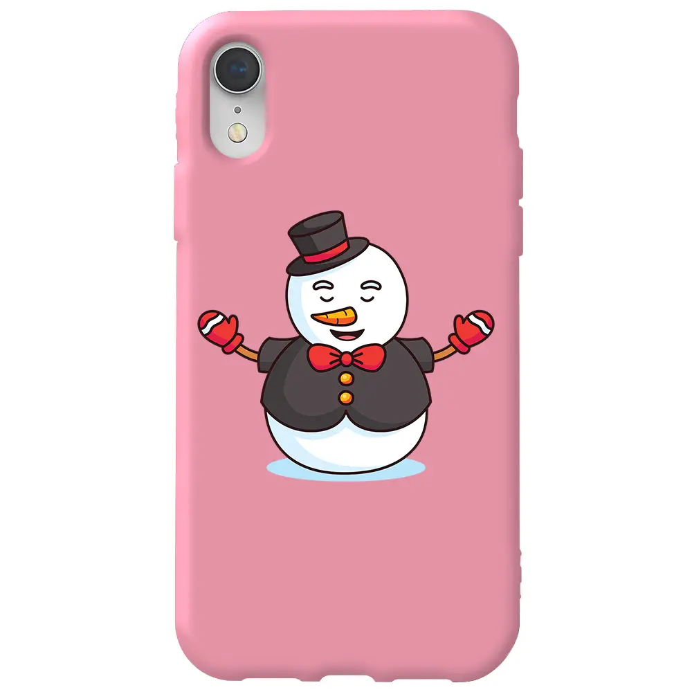 Apple iPhone XR Pembe Renkli Silikon Telefon Kılıfı - Snowman in Suit